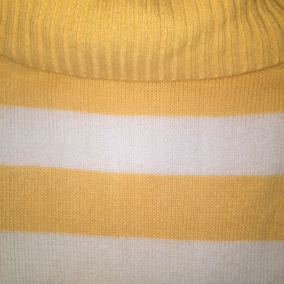 Knit sweater midi dress tunic neck short sleeve bodycon yellow white stripe - Picture 2 of 5